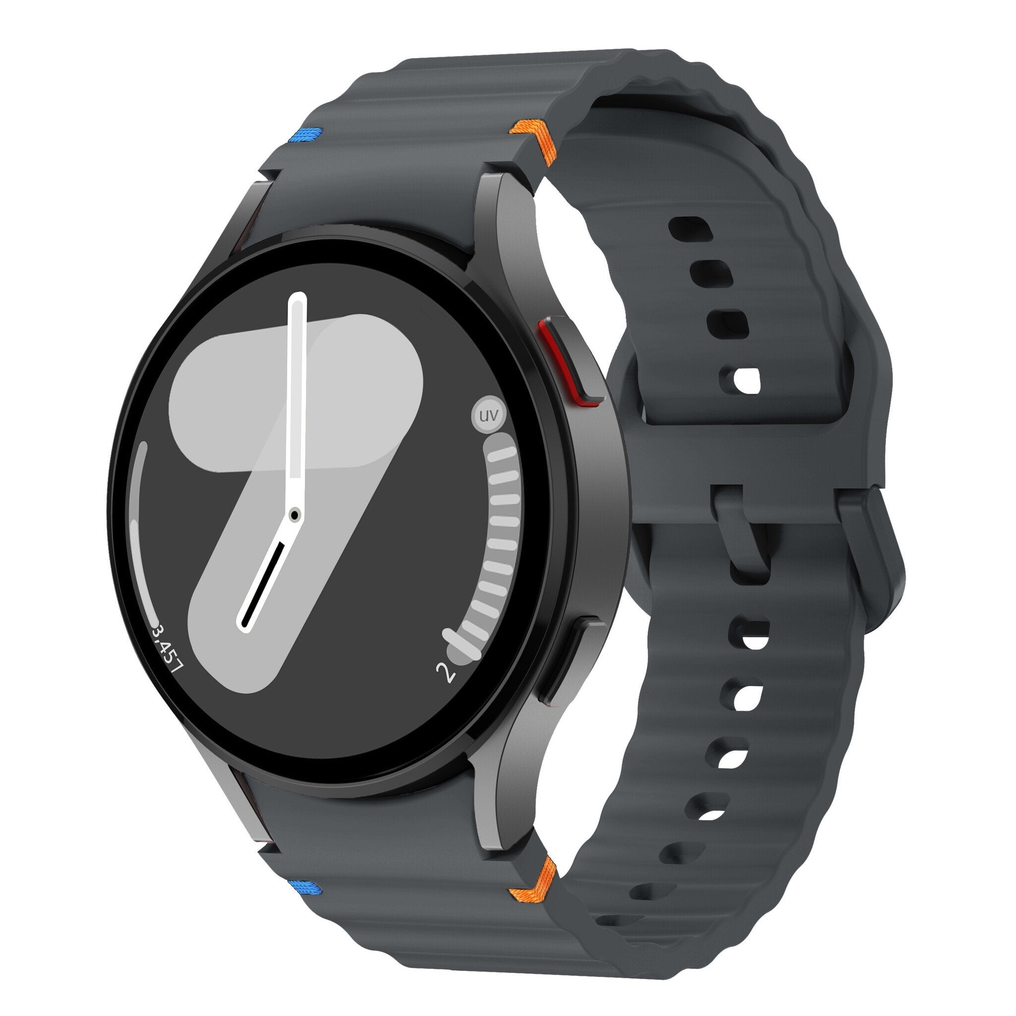 Wave Silicone Strap, graphite, on a watch, 3/4 front view