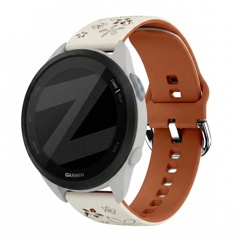 Silicone Strap 'Flowers', starlight/brown, on a watch, 3/4 front view