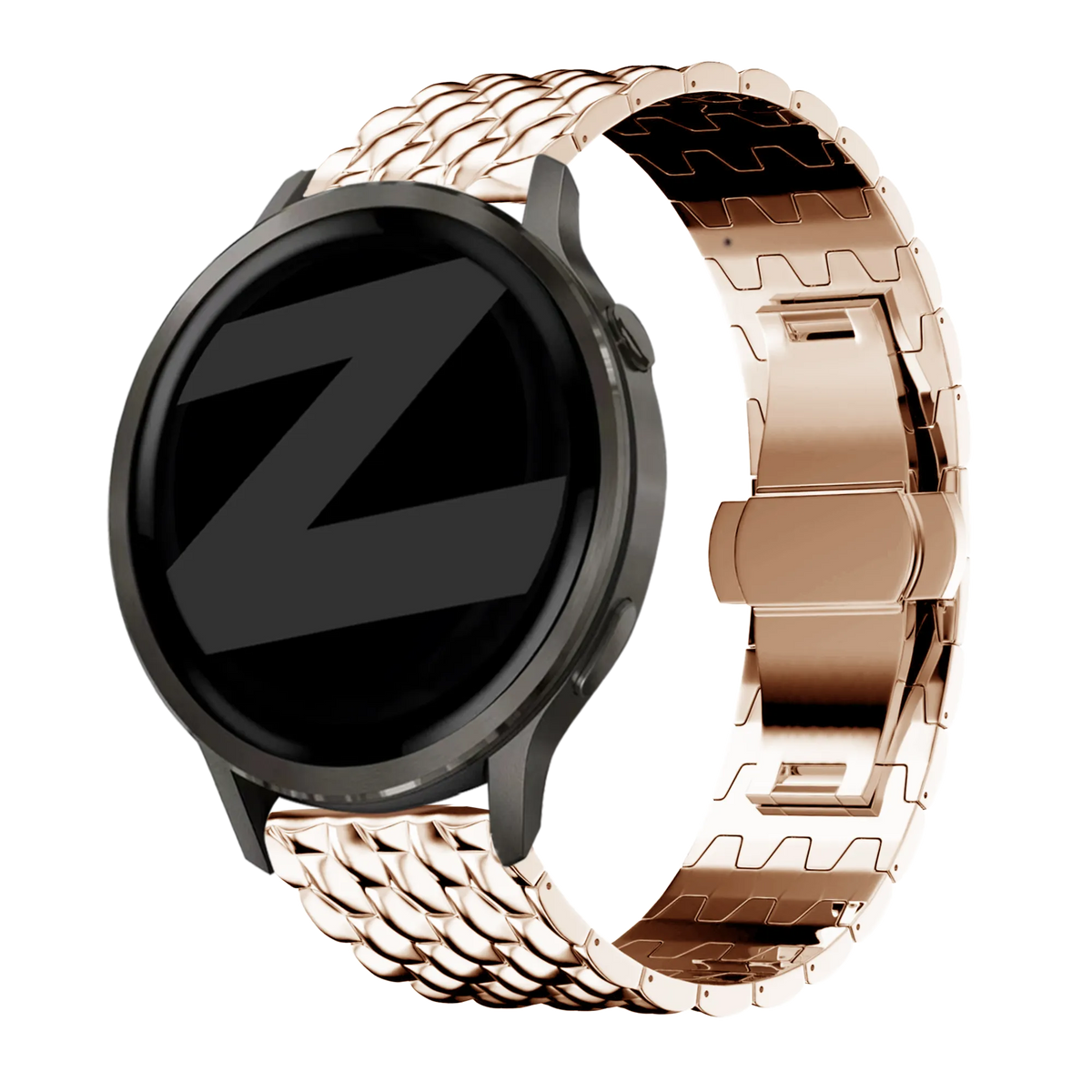 Steel Strap 'Dragon', rose gold, on a watch, 3/4 front view