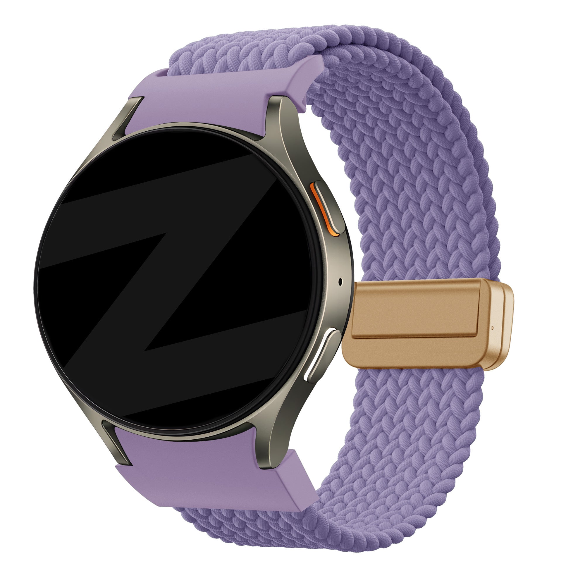 Nylon Braided Strap 'Easy Fit', lilac, on a watch, 3/4 front view