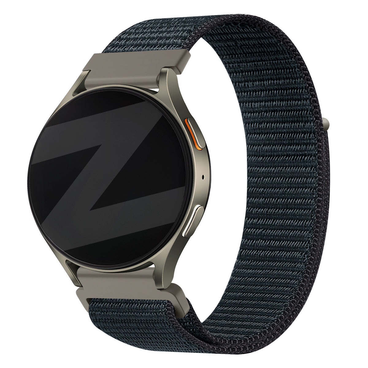 Nylon Strap 'Easy Fit', grey-blue, on a watch, 3/4 front view