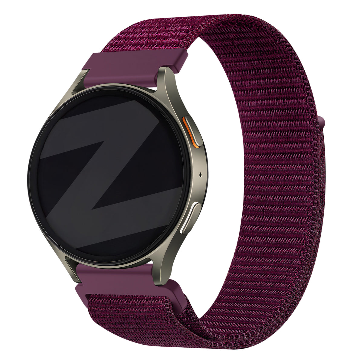 Nylon Strap 'Easy Fit', plum, on a watch, 3/4 front view