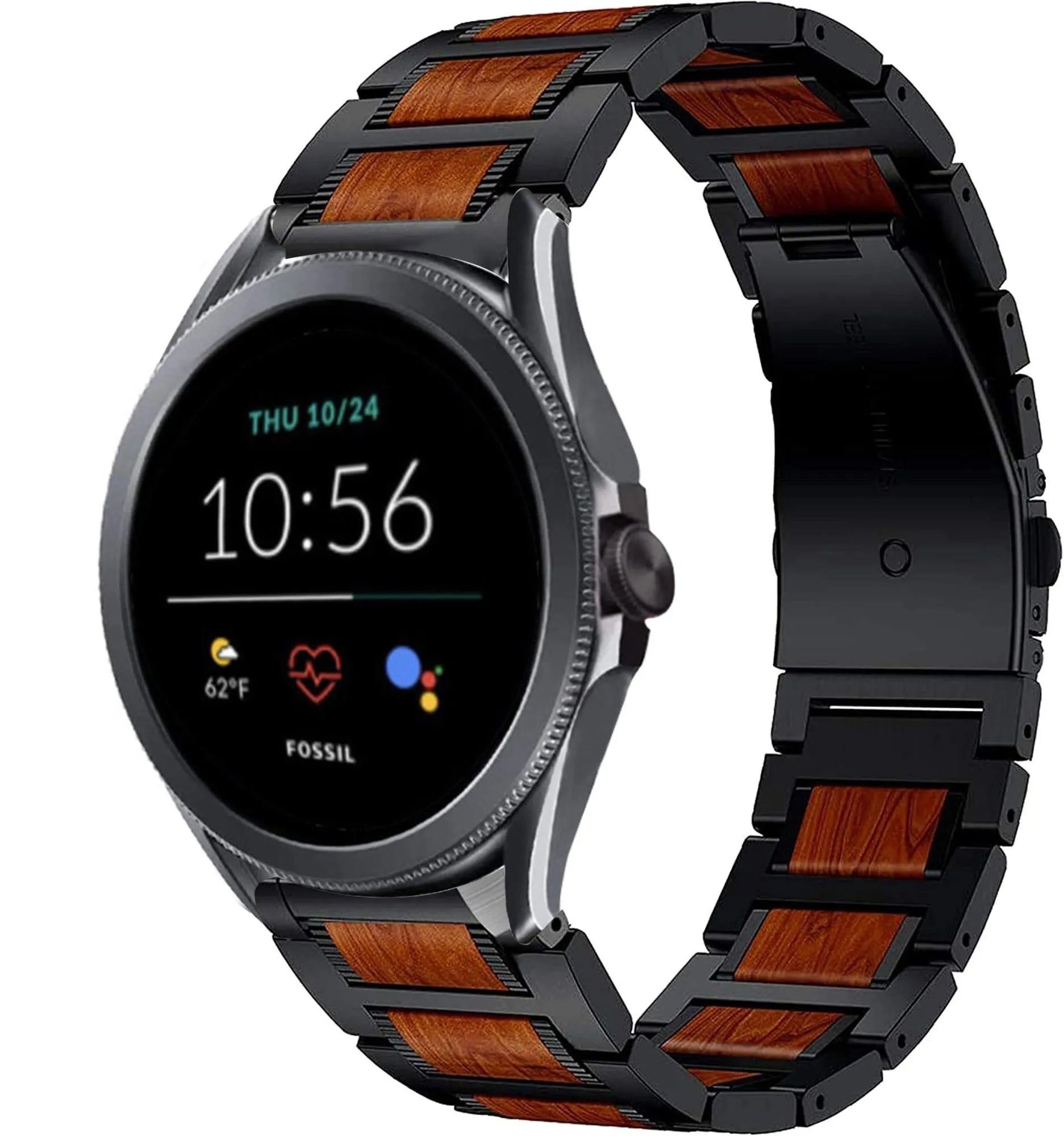 Wood Steel Strap, black, on a watch, 3/4 front view