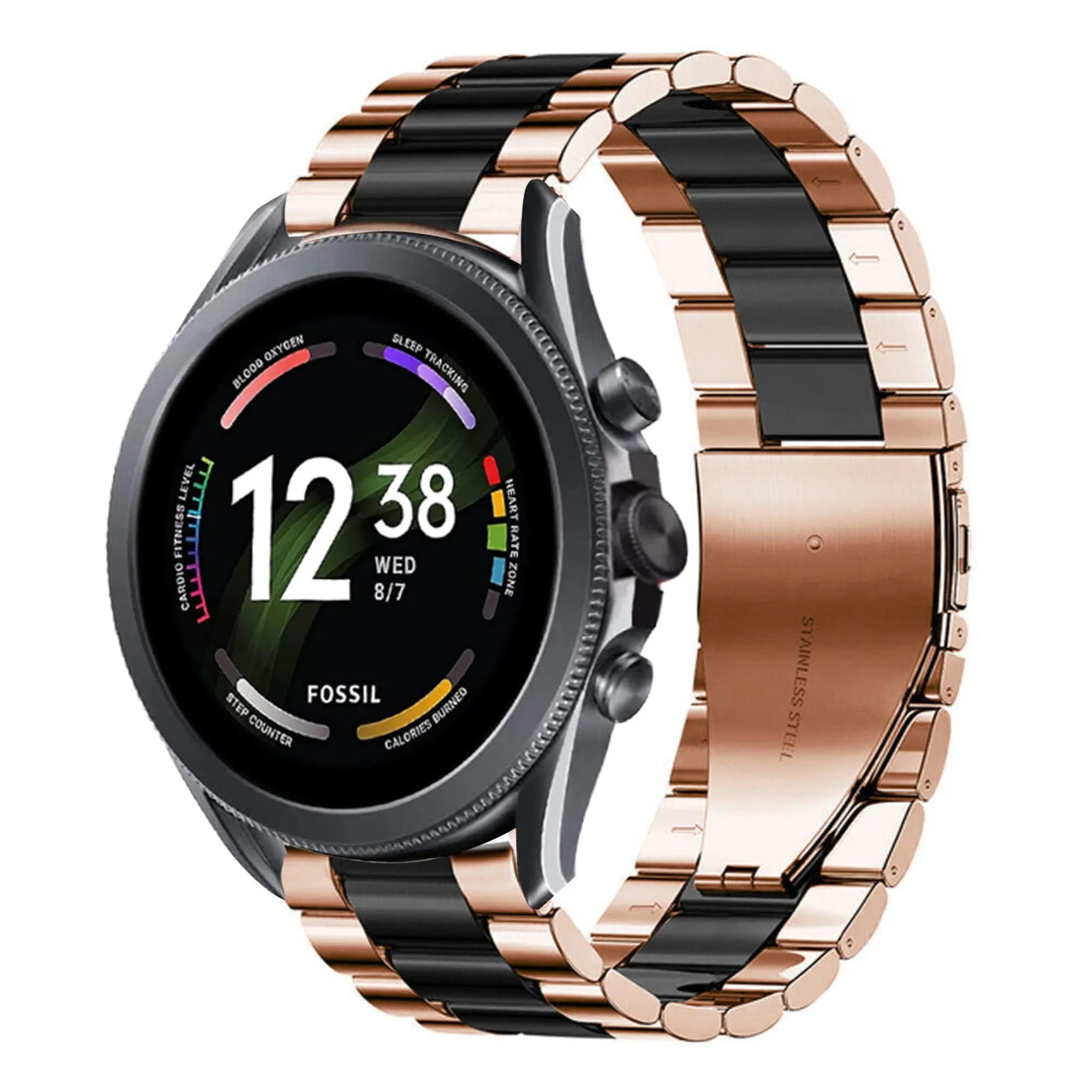 Steel Strap, rose gold/black, on a watch, 3/4 front view
