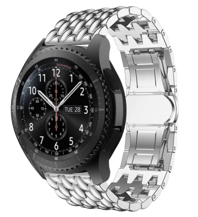 Steel Dragon Strap, silver, on a watch, 3/4 front view