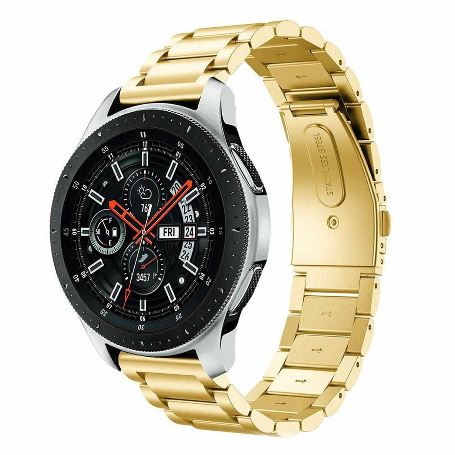 Steel Strap, gold, on a watch, 3/4 front view