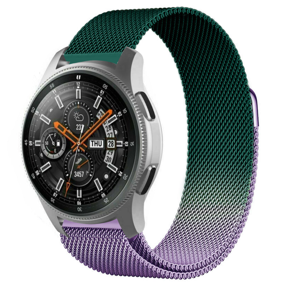 Milanese Strap, purple/green, on a watch, 3/4 front view