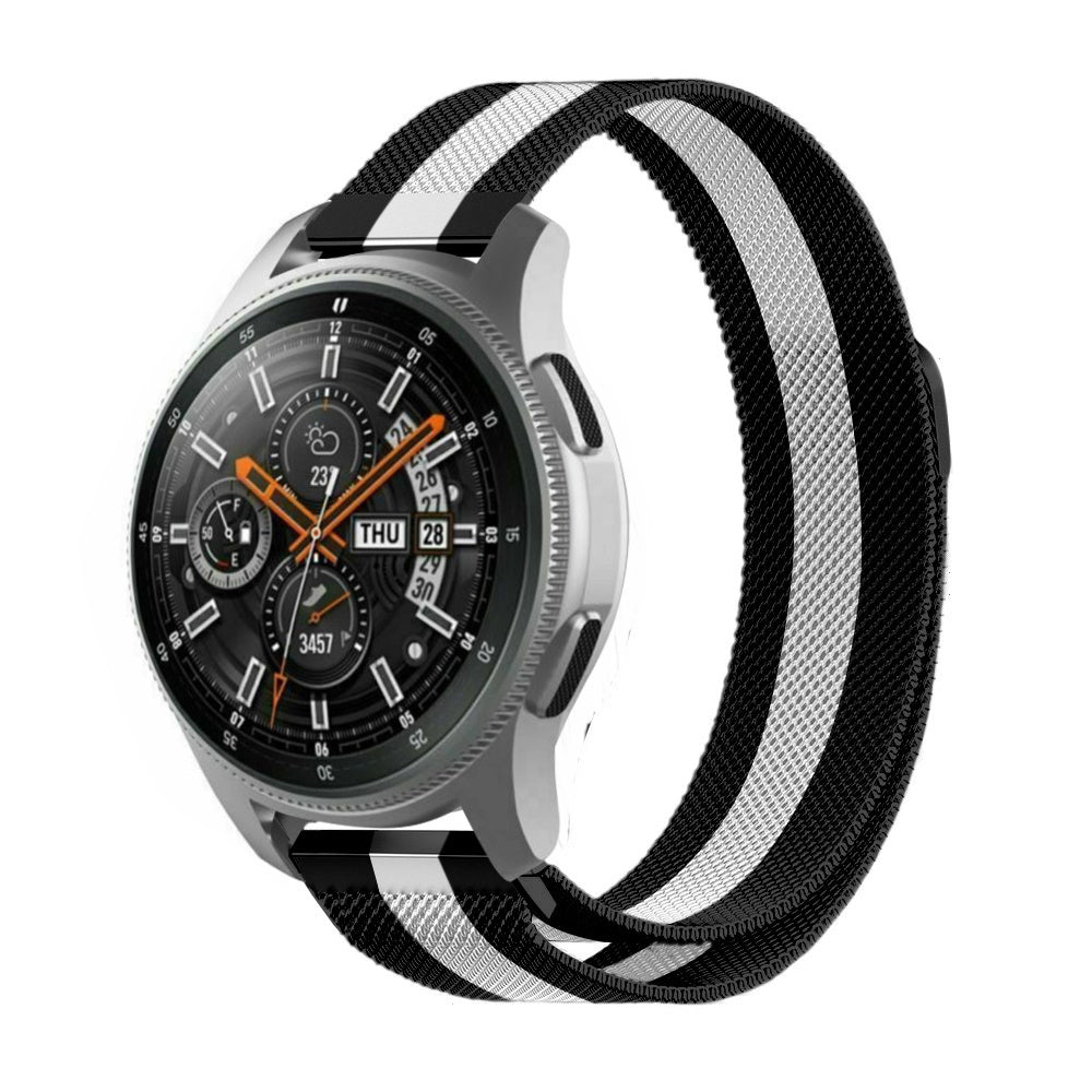 Milanese Strap, black/white, on a watch, 3/4 front view