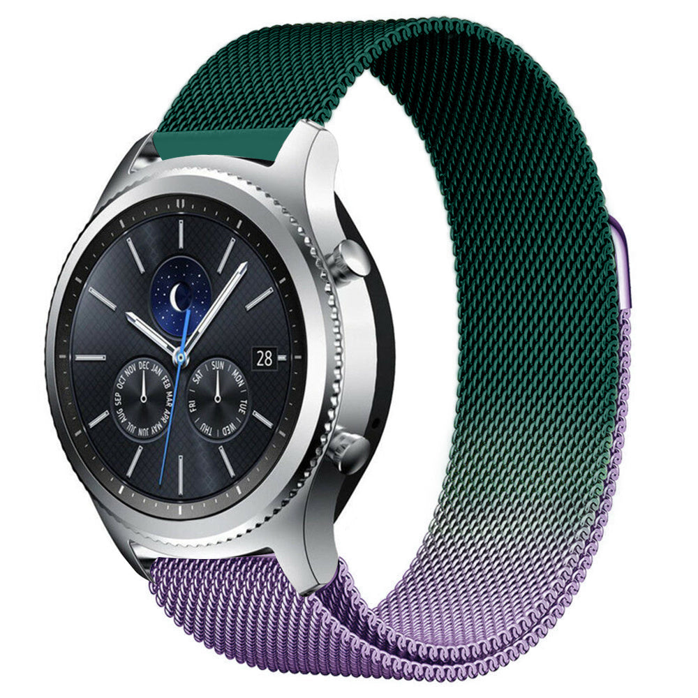 Milanese Strap, purple/green, on a watch, 3/4 front view
