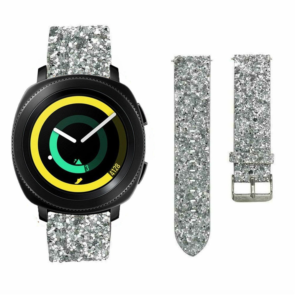 Leather Strap with Glitters, silver, on a watch, 3/4 front view