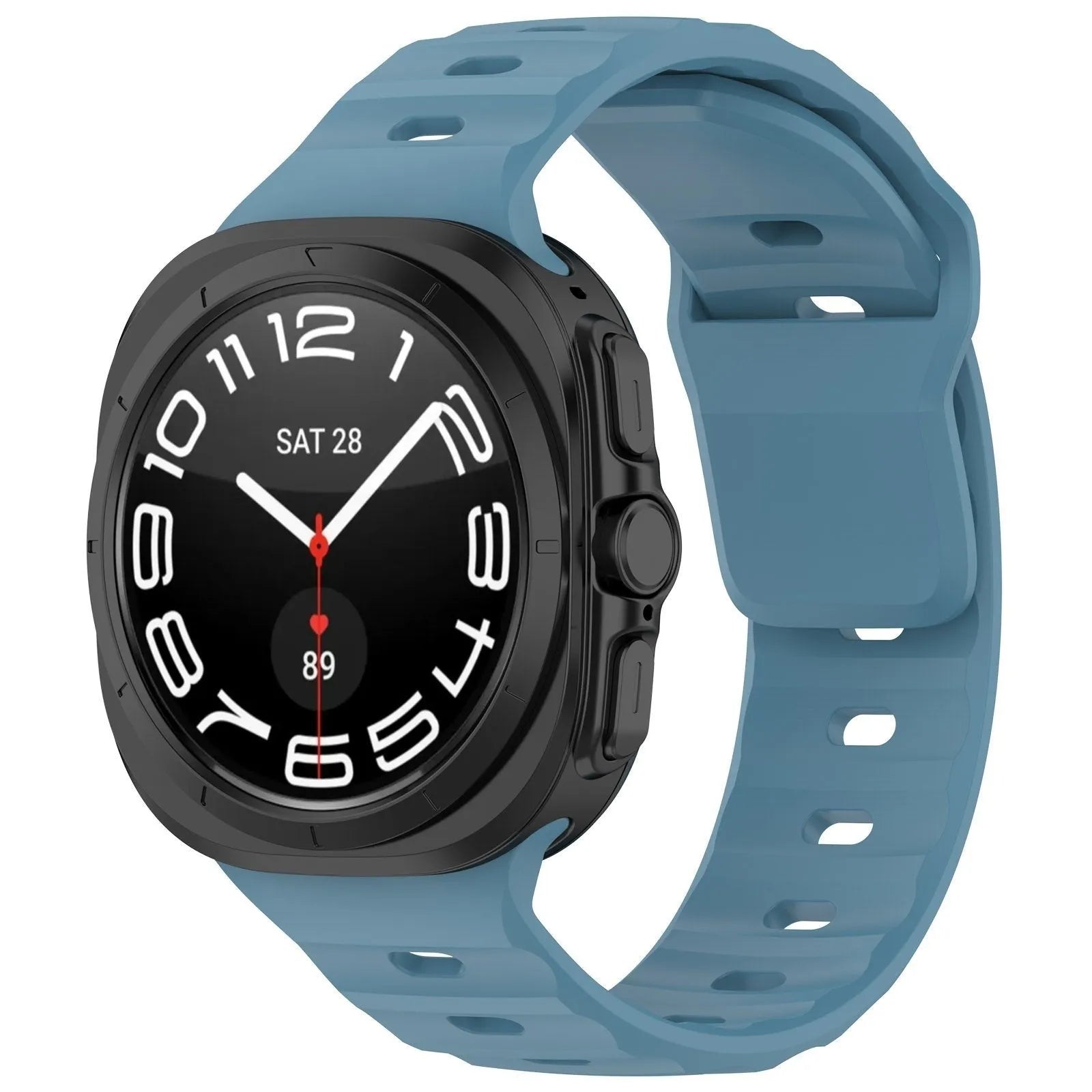 Outdoor Silicone Strap, grey-blue, on a watch, 3/4 front view