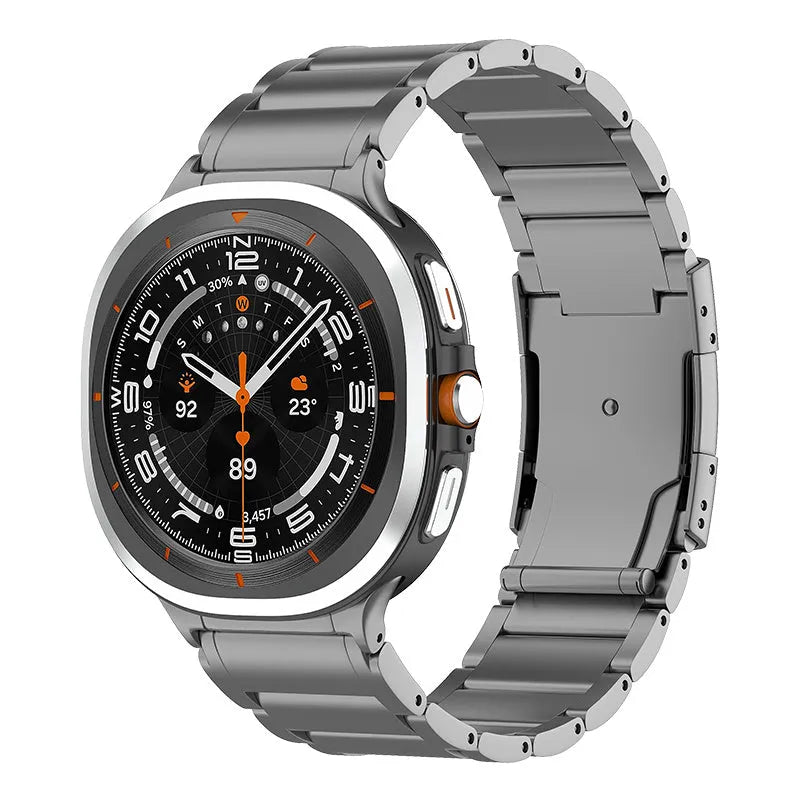 Titanium Strap, graphite, on a watch, 3/4 front view