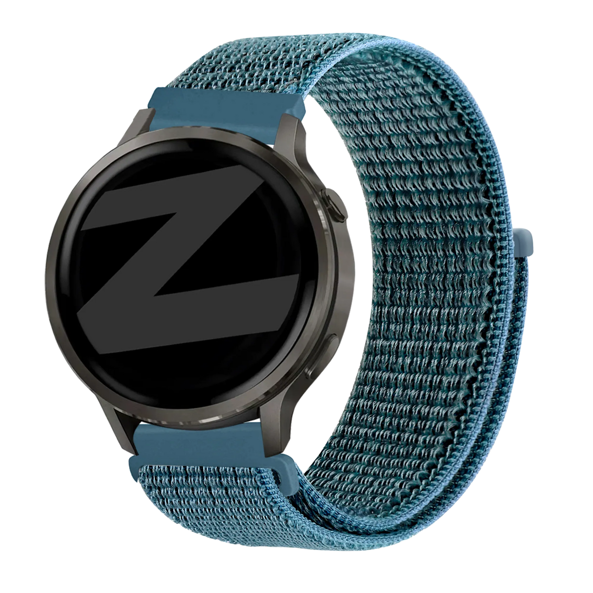 Nylon Loop Strap, green-grey, on a watch, 3/4 front view