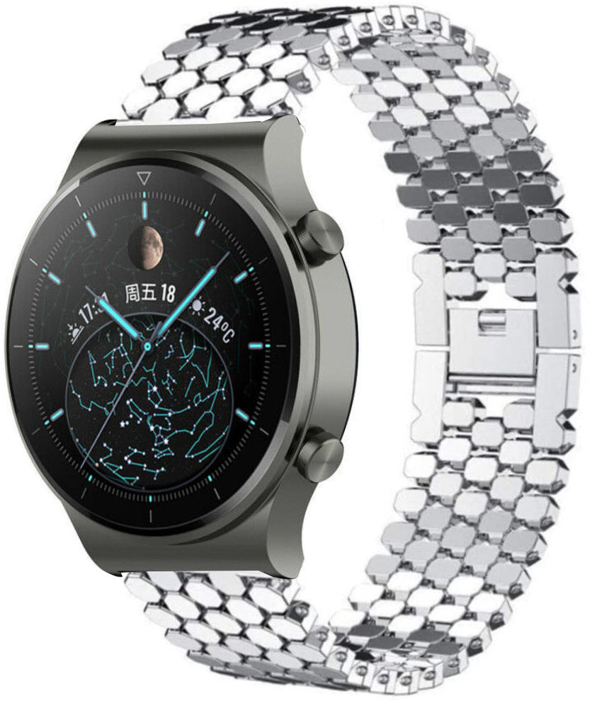Steel Strap Hexagons, silver, on a watch, 3/4 front view