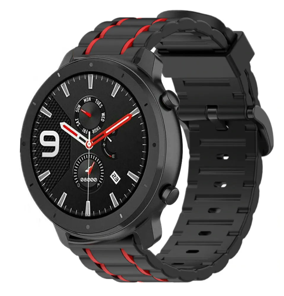 Silicone Sport Strap with Buckle, black/red, on a watch, 3/4 front view