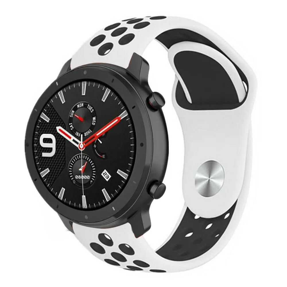 Silicone Sport Strap, white/black, on a watch, 3/4 front view