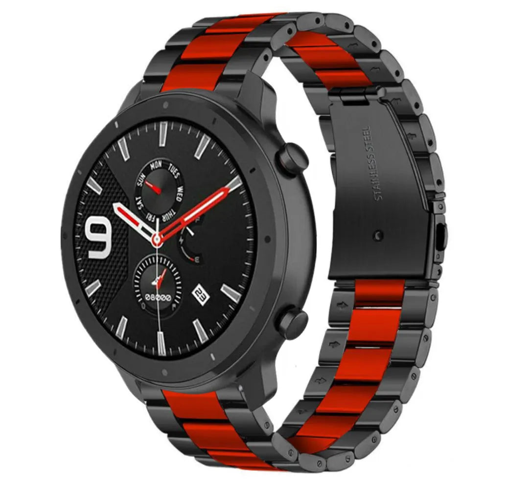 Steel Strap, black/red, on a watch, 3/4 front view
