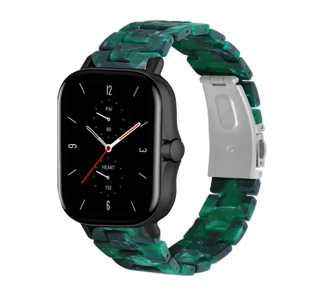 Metal Resin Strap, green, on a watch, 3/4 front view
