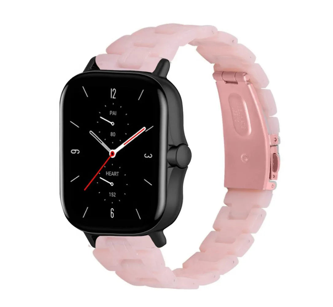 Metal Resin Strap, pink, on a watch, 3/4 front view