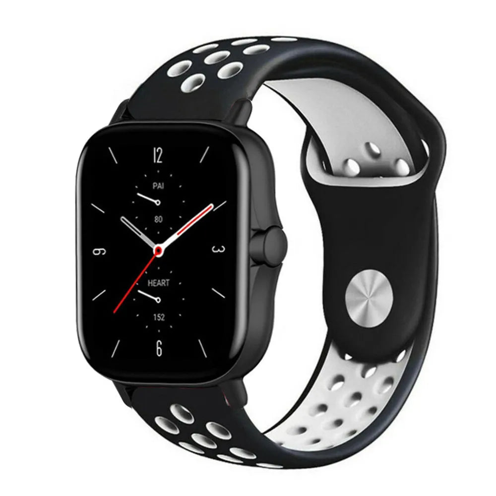 Silicone Sport Strap, black/white, on a watch, 3/4 front view