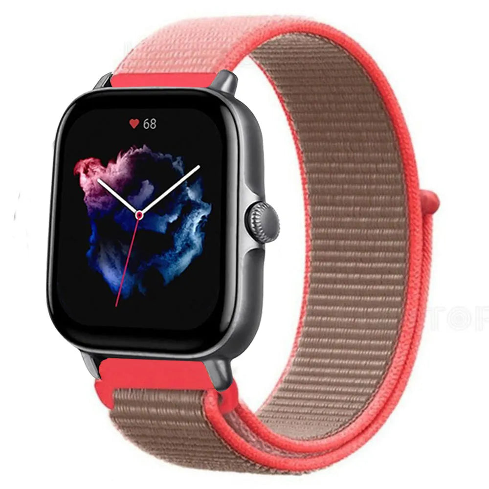 Nylon Strap, neon pink, on a watch, 3/4 front view