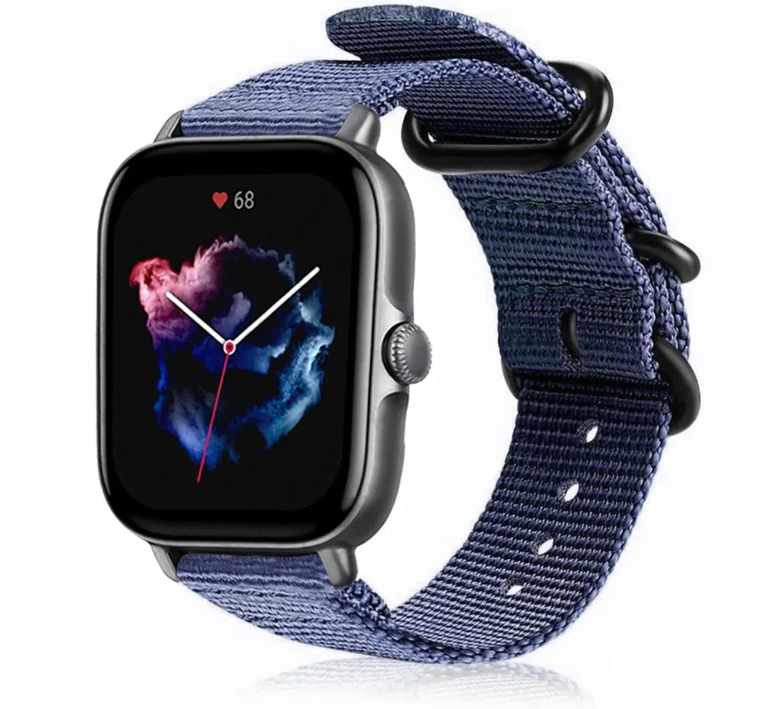 Nylon Buckle Strap, blue, on a watch, 3/4 front view