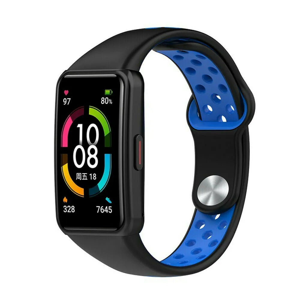 Silicone Sport Strap, black/blue, on a watch, 3/4 front view
