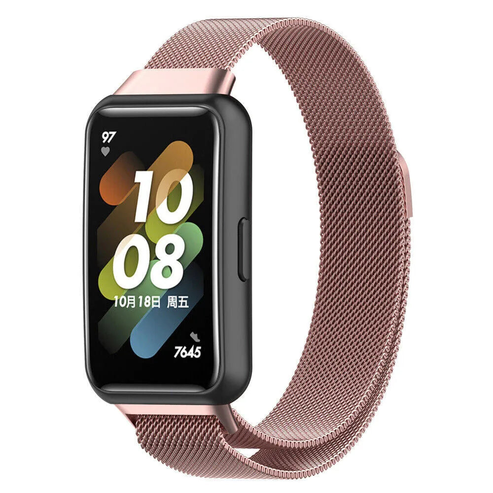 Milanese Strap, pink, on a watch, 3/4 front view