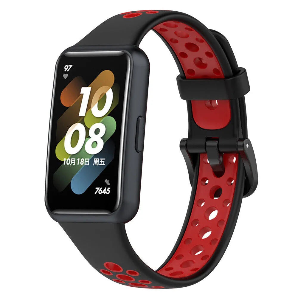 Silicone Sport Strap, black/red, on a watch, 3/4 front view