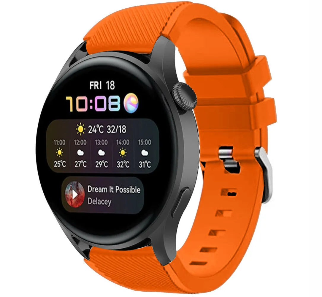 Twill Silicone Strap, orange, on a watch, 3/4 front view