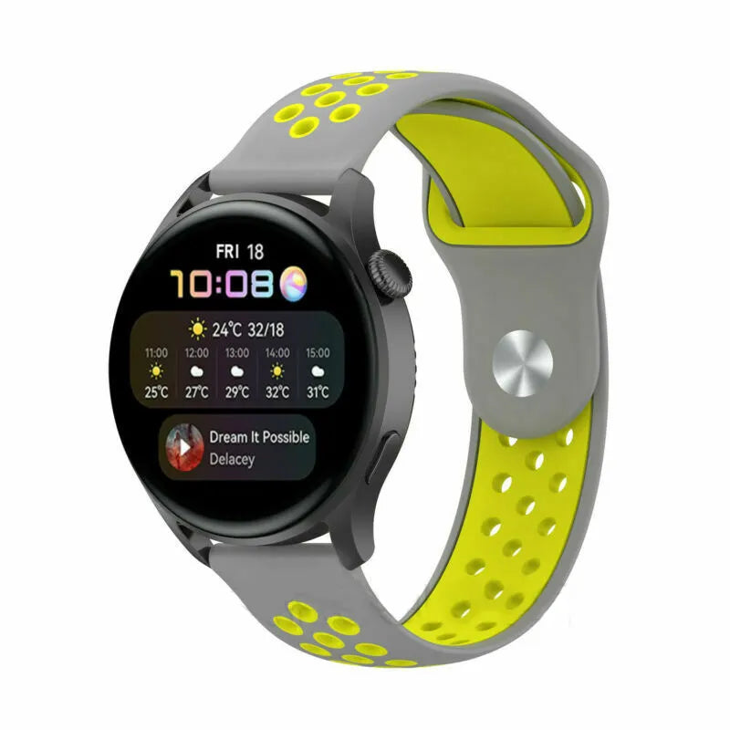 Silicone Sport Strap, grey/yellow, on a watch, 3/4 front view