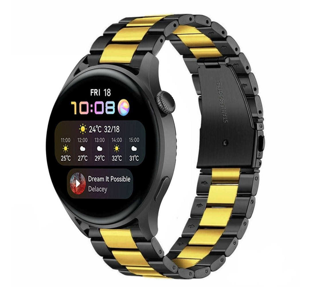Steel Strap, black/gold, on a watch, 3/4 front view