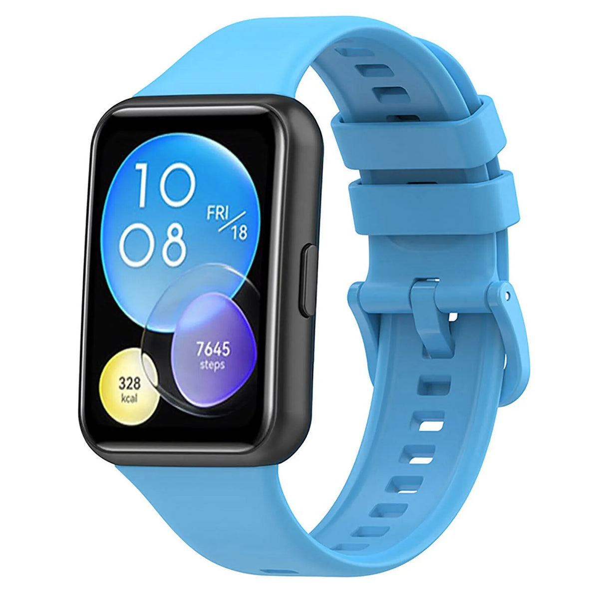 Silicone Strap, light blue, on a watch, 3/4 front view