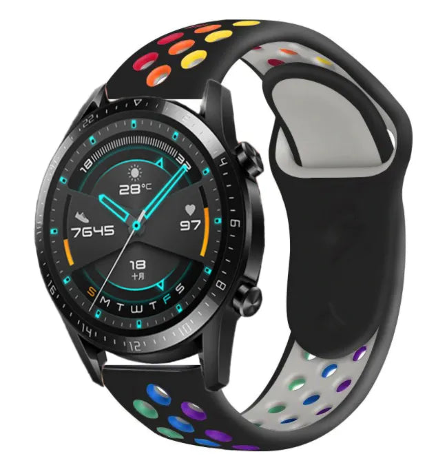Silicone Sport Strap, black/colourful, on a watch, 3/4 front view