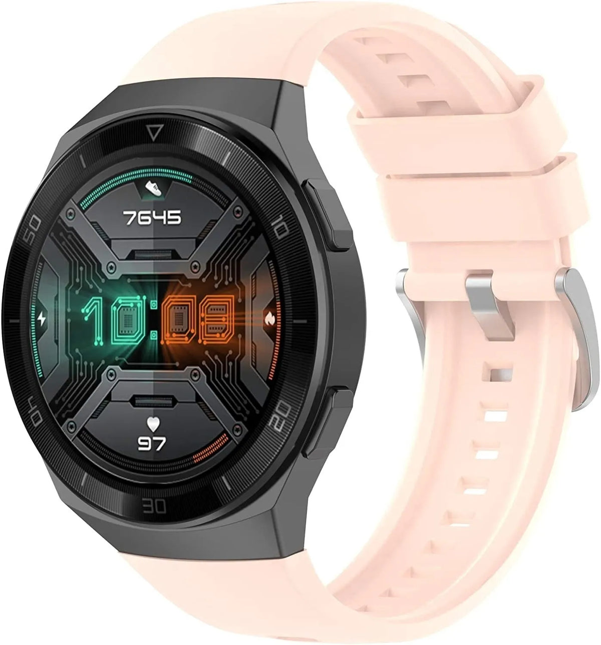 Silicone Strap, light pink, on a watch, 3/4 front view