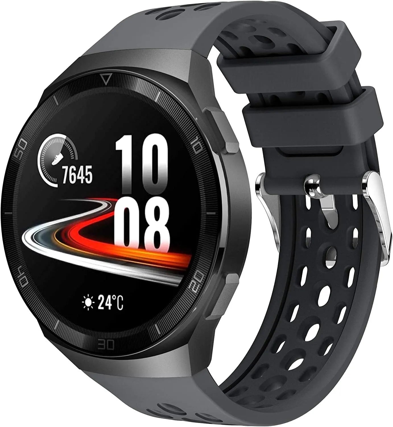 Breathable Silicone Strap, dark grey, on a watch, 3/4 front view