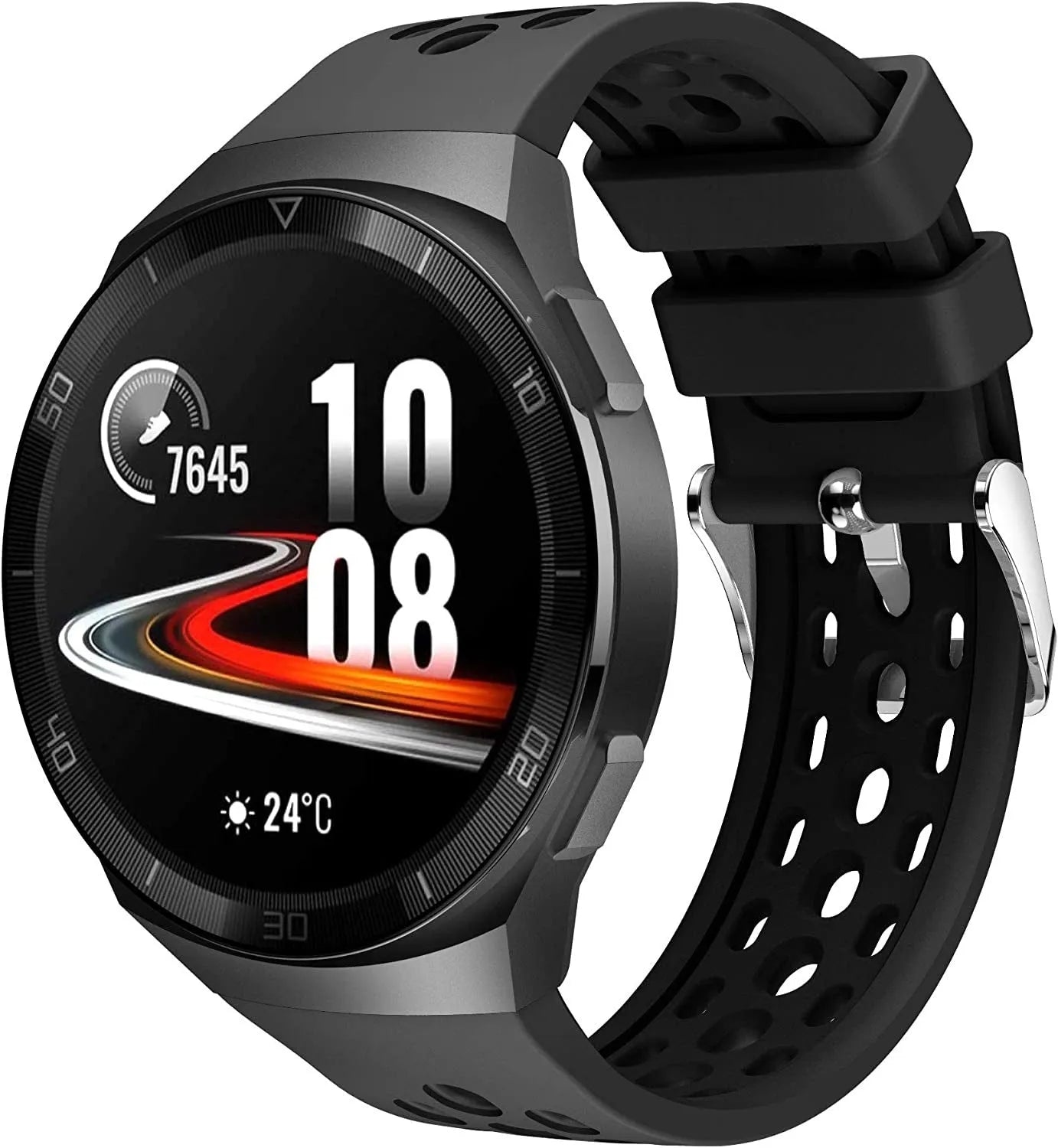 Breathable Silicone Strap, black, on a watch, 3/4 front view