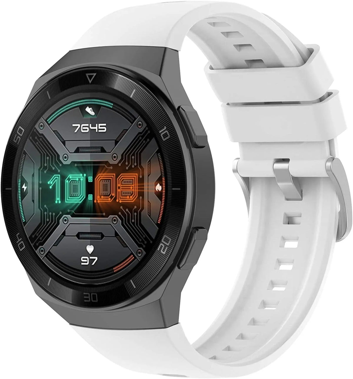 Silicone Strap, white, on a watch, 3/4 front view
