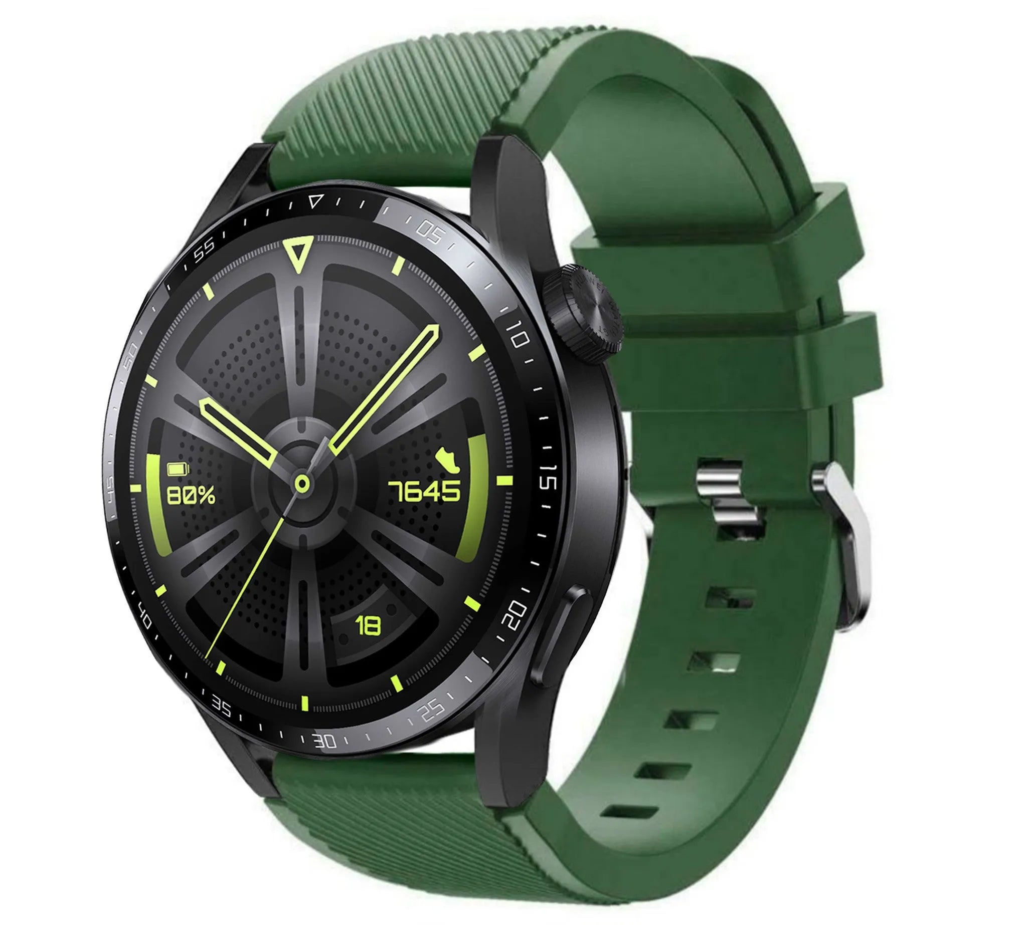 Twill Silicone Strap, army green, on a watch, 3/4 front view