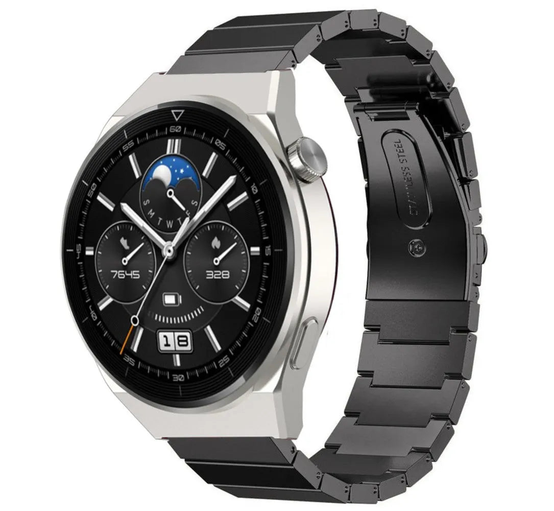 Premium Metal Strap, black, on a watch, 3/4 front view