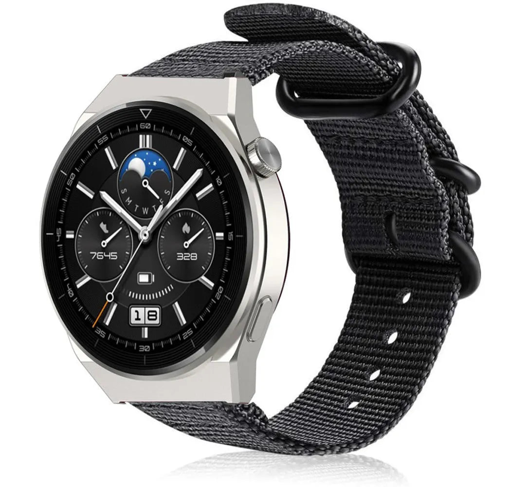 Nylon Buckle Strap, black, on a watch, 3/4 front view