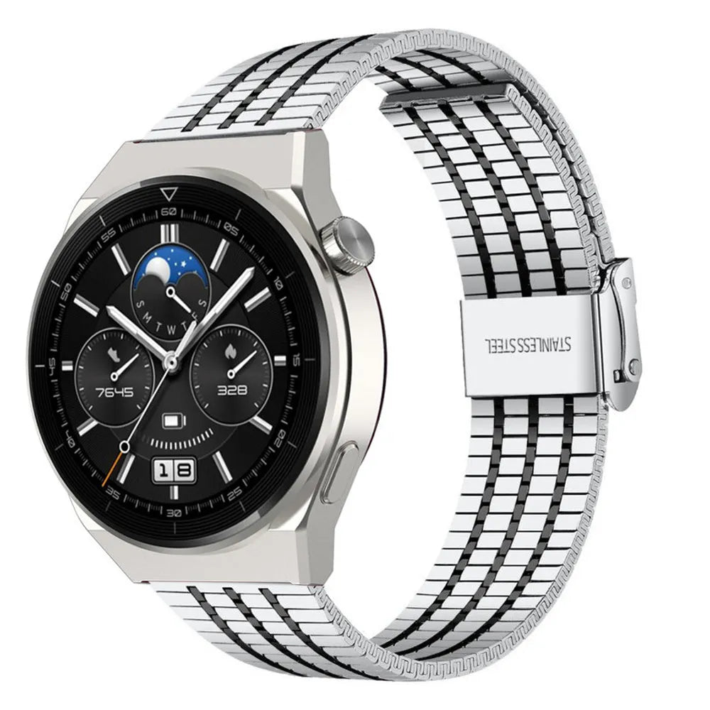 Fine Steel Strap, silver/black, on a watch, 3/4 front view