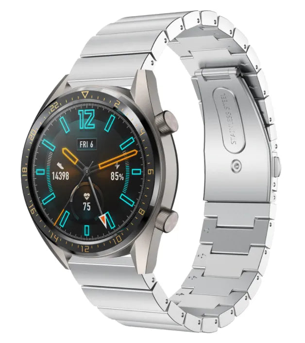 Premium Metal Strap, silver, on a watch, 3/4 front view