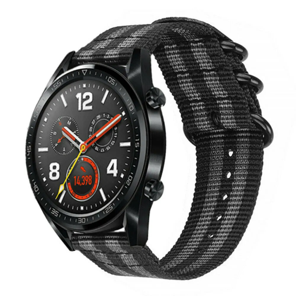 Nylon Buckle Strap, black/grey, on a watch, 3/4 front view