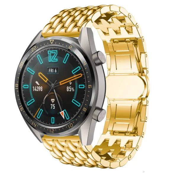 Steel Dragon Strap, gold, on a watch, 3/4 front view