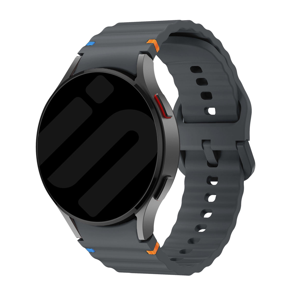 Wave Silicone Strap, graphite, on a watch, 3/4 front view