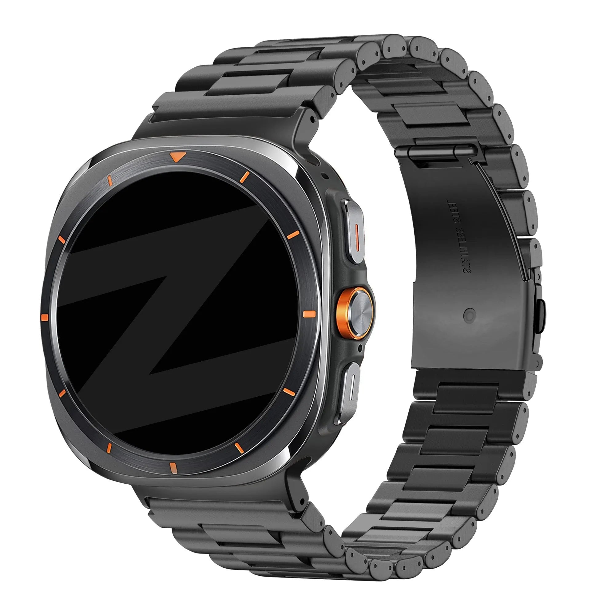 Steel Link Strap 'Deluxe', black, on a watch, 3/4 front view