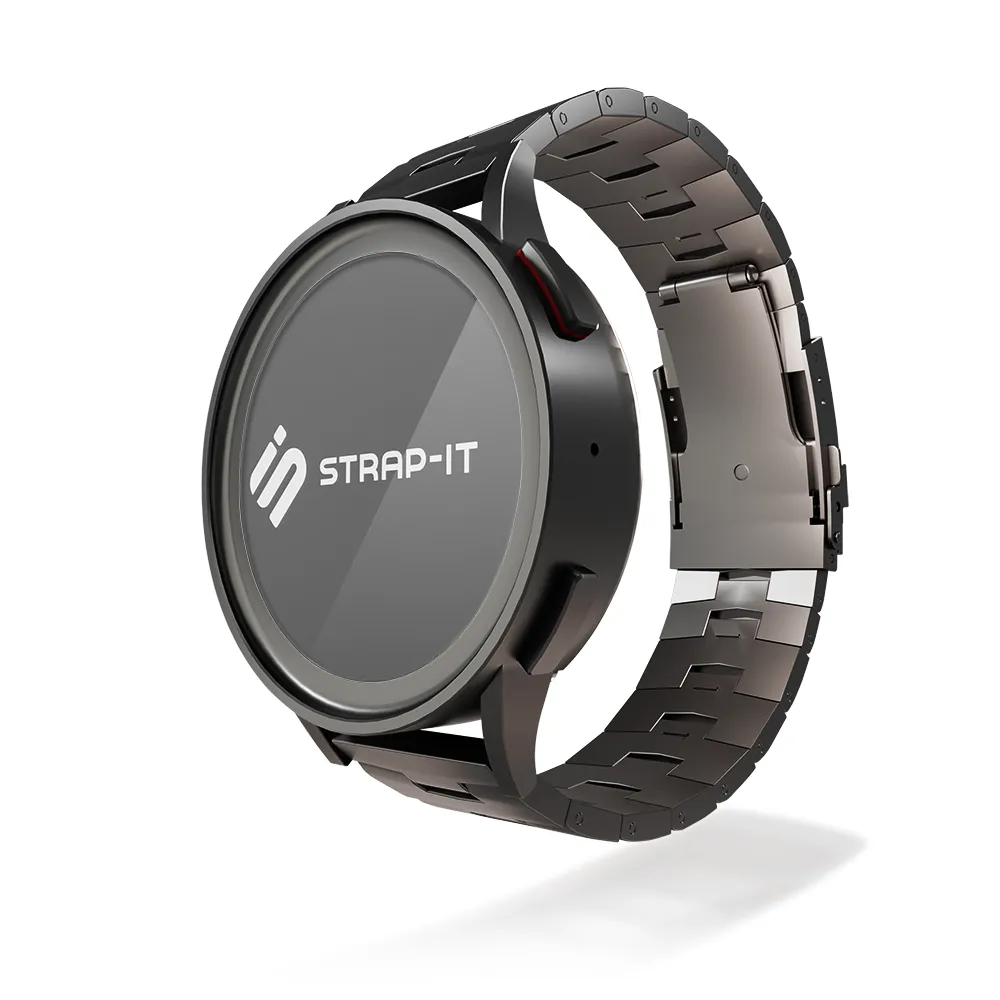 Titanium Grain Strap, graphite, on a watch, 3/4 front view