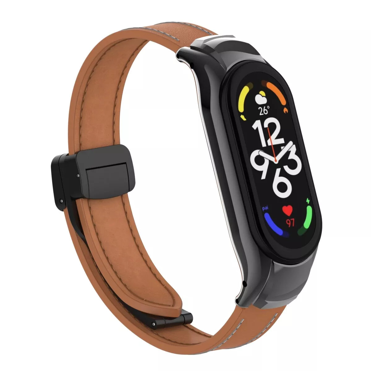 Leather D-Buckle Strap, brown, on a watch, 3/4 front view