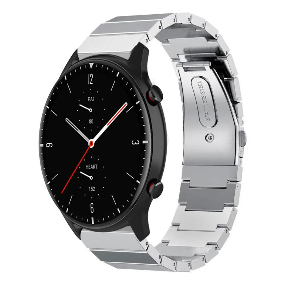 Premium Metal Strap, silver, on a watch, 3/4 front view